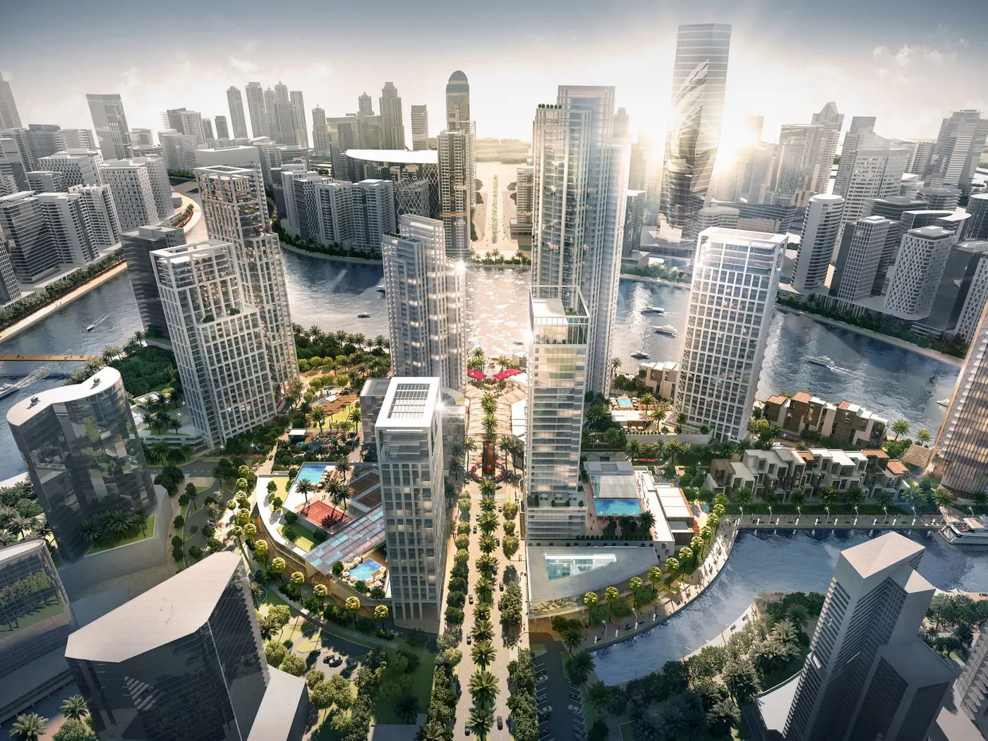 Aerial view of The Peninsula master plan between the Dubai Water Canal and the Business Bay towers