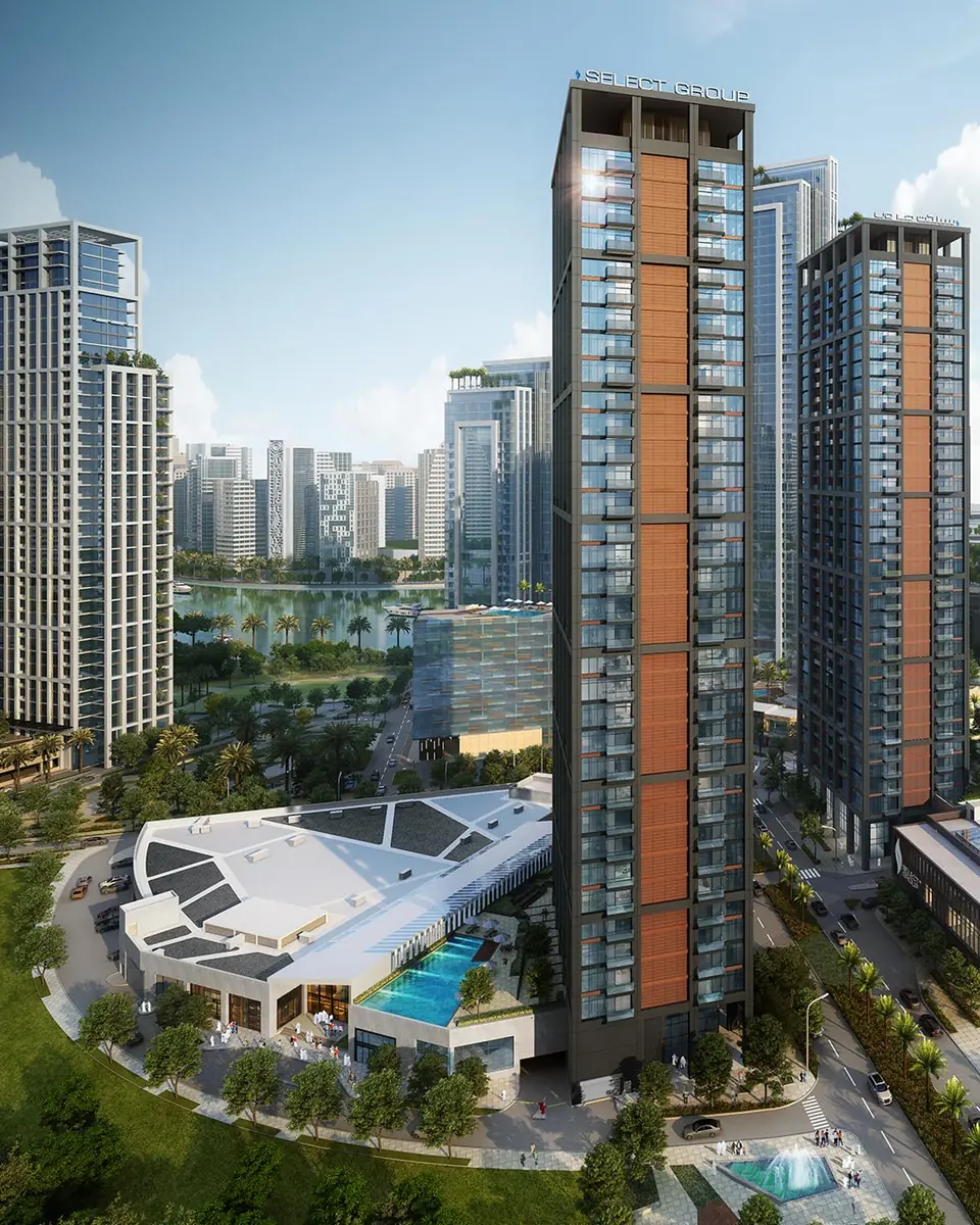 A Peninsula tower above its podium, pool deck and the canal